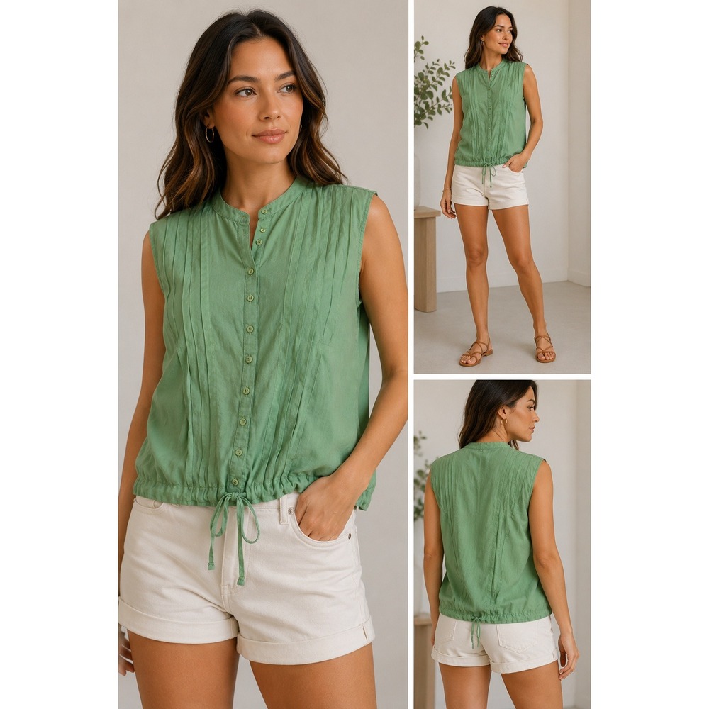 French Connection Green Cotton Sleeveless Pin-tuck Button Up Tie Hem Blouse 8